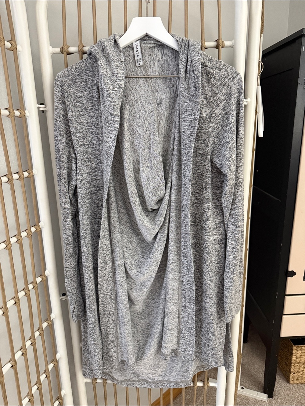 Athleta Heather Gray Draped Open-Front Hooded Cardigan